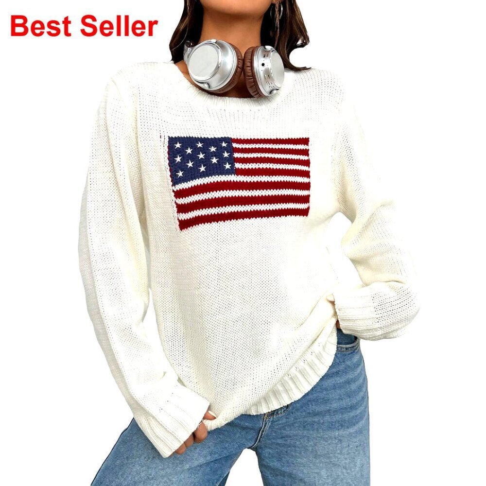 Flag Pattern Long Sleeve Pullover Sweater Casual Loose Fit